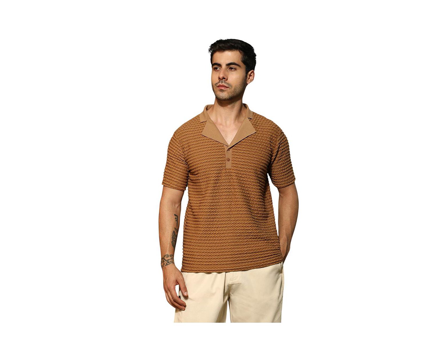 Men's Coffee Brown Crease-Tactile Cuban Polo T-Shirt