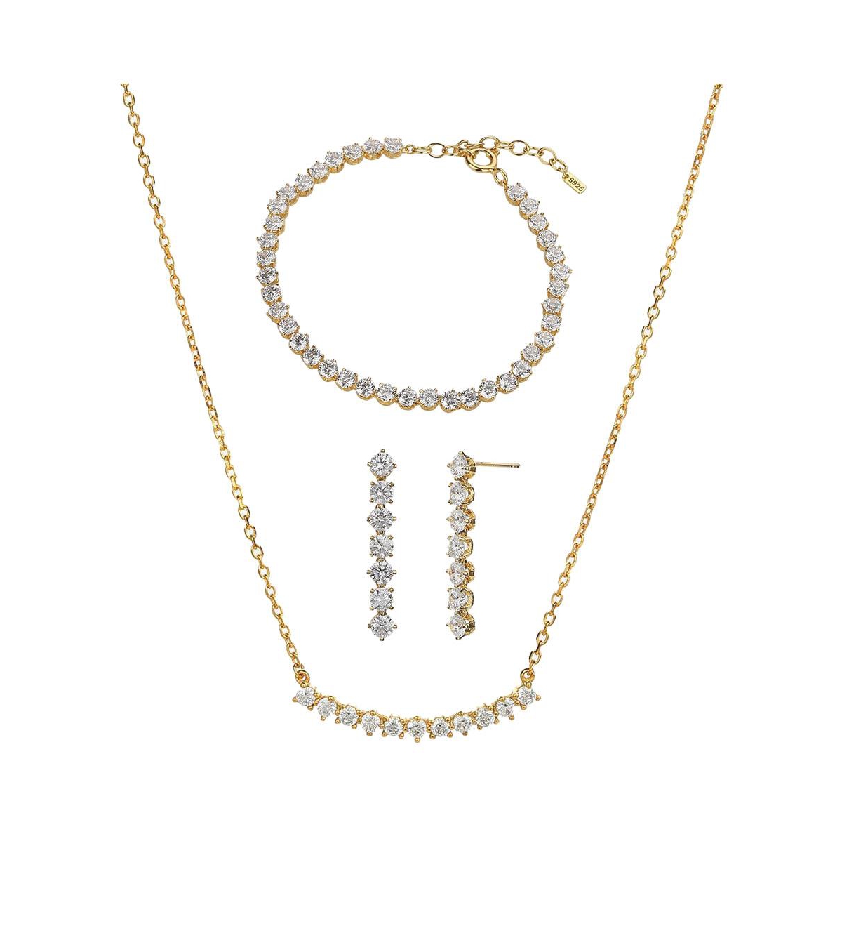 Sterling Silver 18k Gold Plated Josephine Tennis Bracelet, Necklace & Earrings Set - Gold