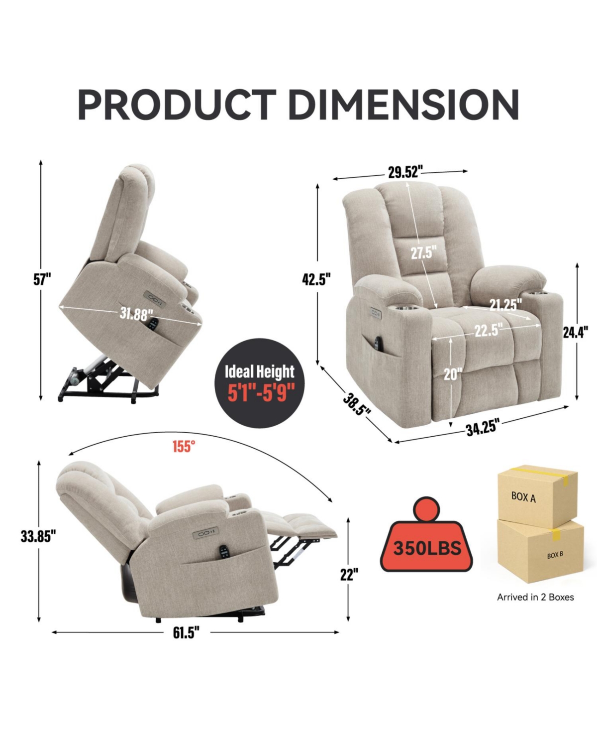 Streamdale Furniture Power Lift Recliner w/ Massage & Heat, Usb, Cup Holders - Beige