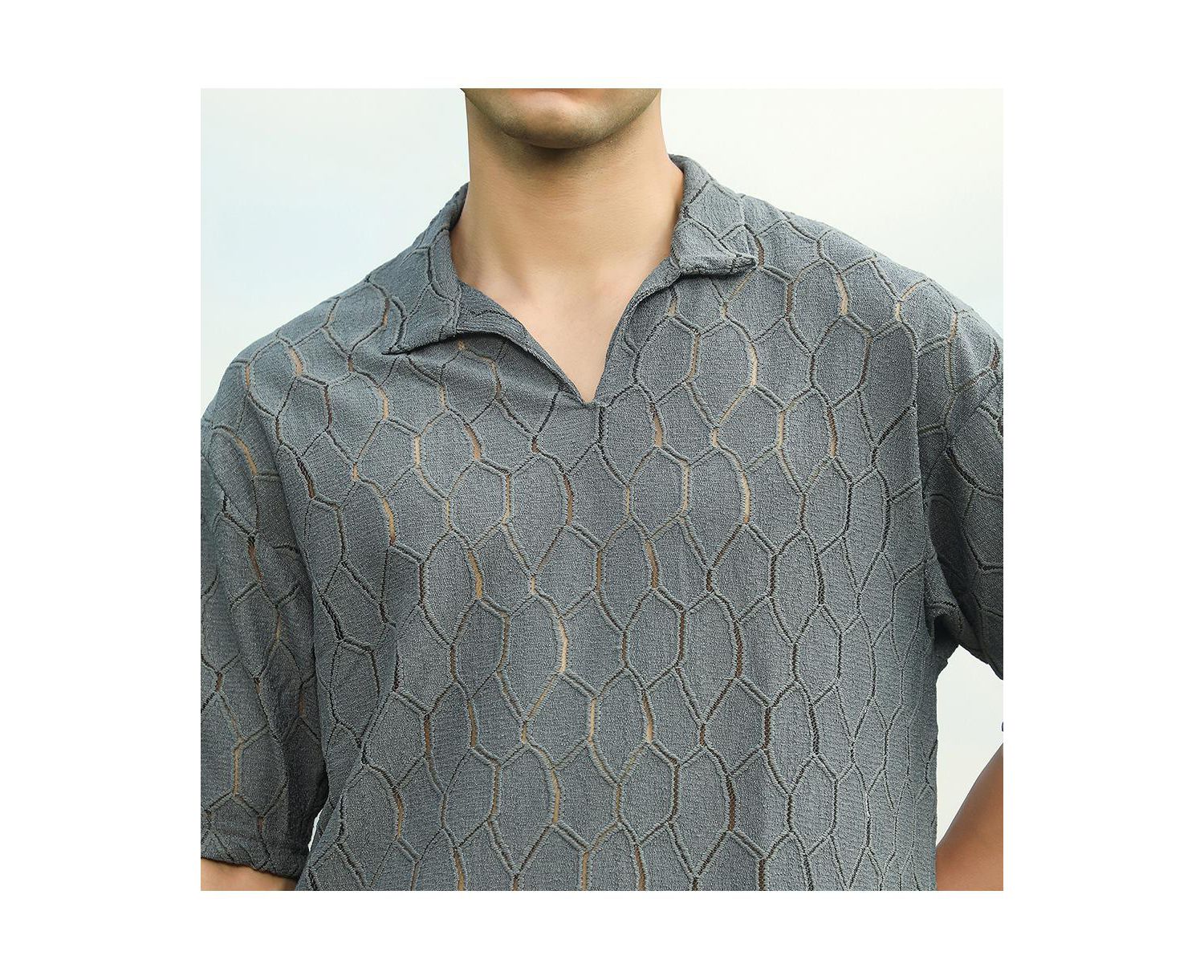 Men's Moon Grey Honeycomb-Knit Polo T-Shirt