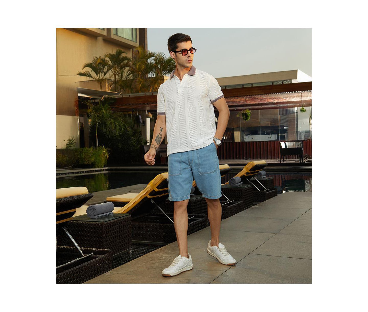 Мужская футболка Cahoot Campus Sutra Chalk White and Pastel Purple Contrast Open-Knit Polo, цвет: Белый — фото 3