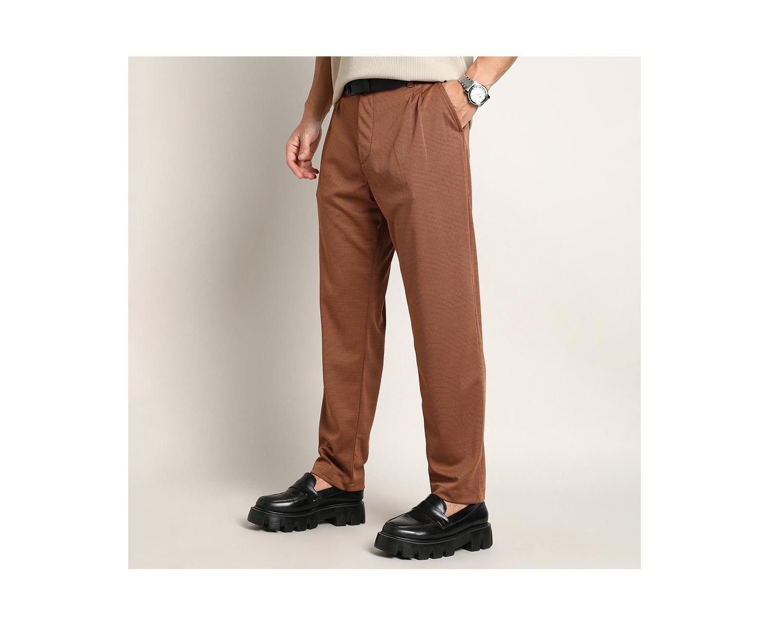 Men's Russet Brown Micro-Check Chino Trousers