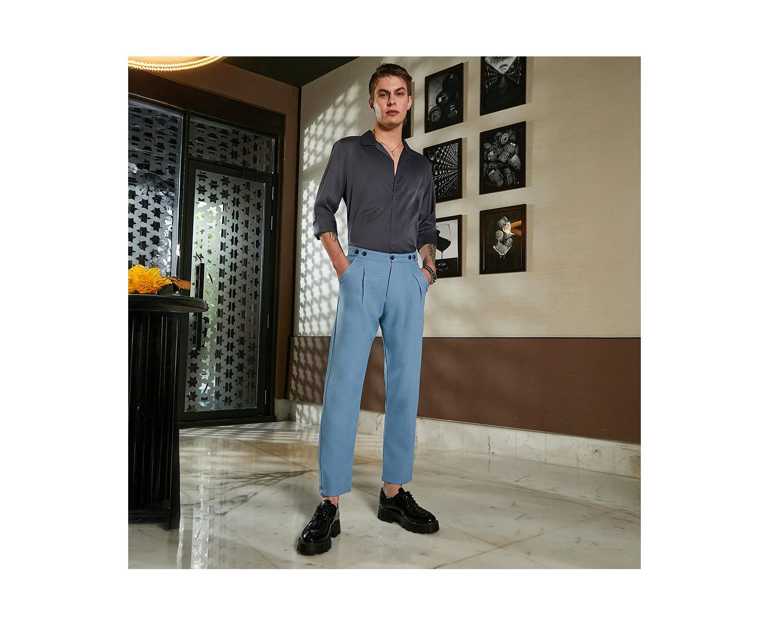 Men's Sky Blue Pleated Tailored Trousers