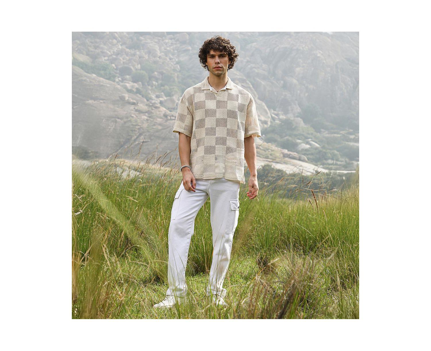 Men's Off-White Grid Oversized Polo T-Shirt