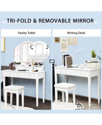 Vanity Table Stool Set with Large Tri-folding Lighted Mirror