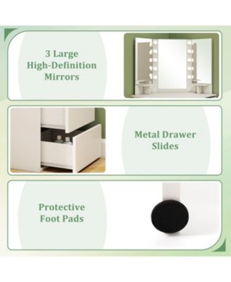 Wood Corner 3-Color LED Lighted Mirror Vanity Desk with Power Outlet