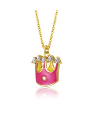 14K Gold Plated with Colored Enamel & Clear Cubic Zirconia Crown Pendant Necklace