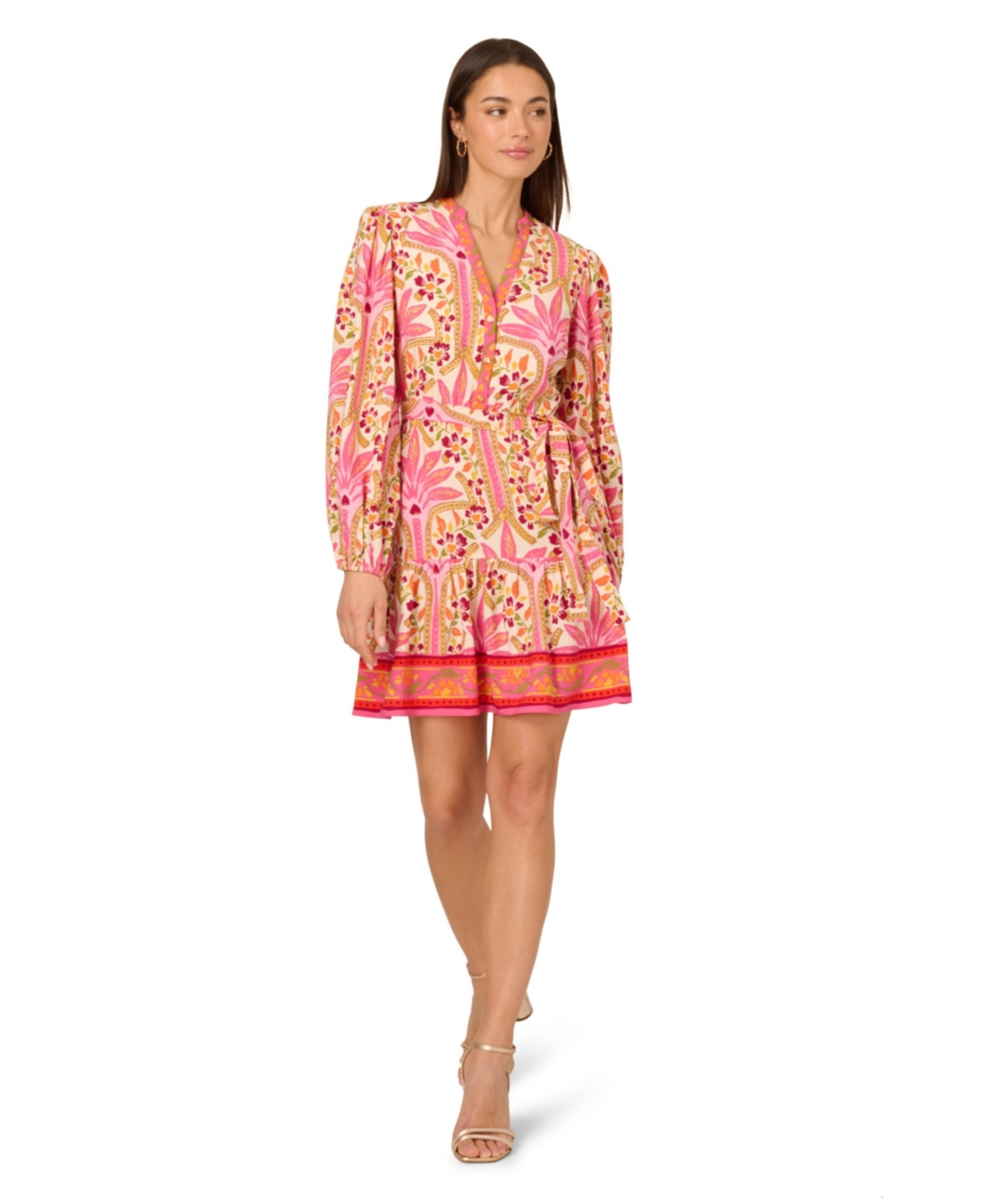 Women's Printed Long-Sleeve Dress - Pink Multi