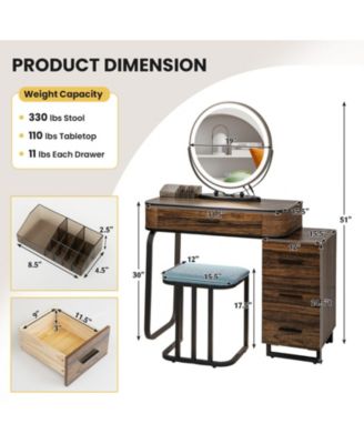2-Pc. Wood 3-Color Lighted Mirror Vanity Table Set with Charging Station