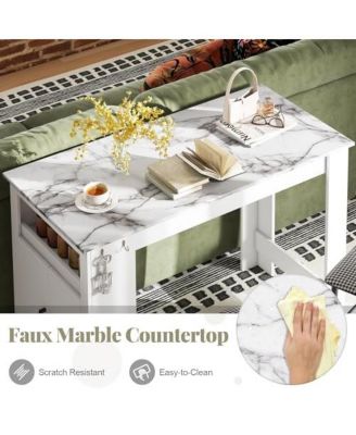 Bar Table Faux Marble Pub Table with 7 Hanging Hooks Compartment