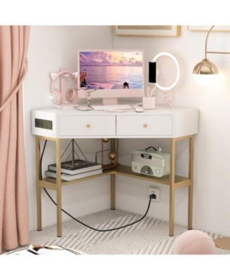 Space Saving Corner Computer Desk with 2 Large Drawers
