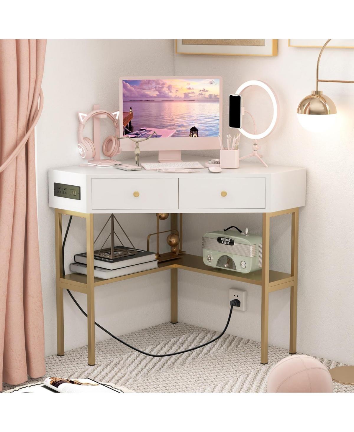 Space Saving Corner Computer Desk with 2 Large Drawers