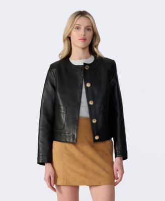 Women's Cropped Leather Jacket With Gold Buttons, Created for Macy s
