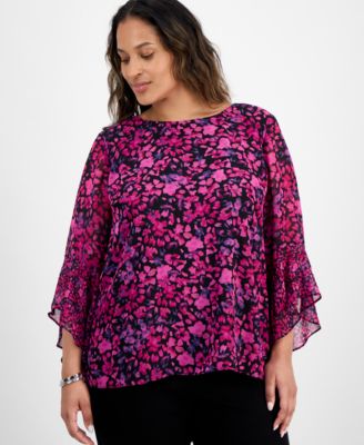 Kasper - Plus Size Bell-Sleeve Ditsy-Print Top