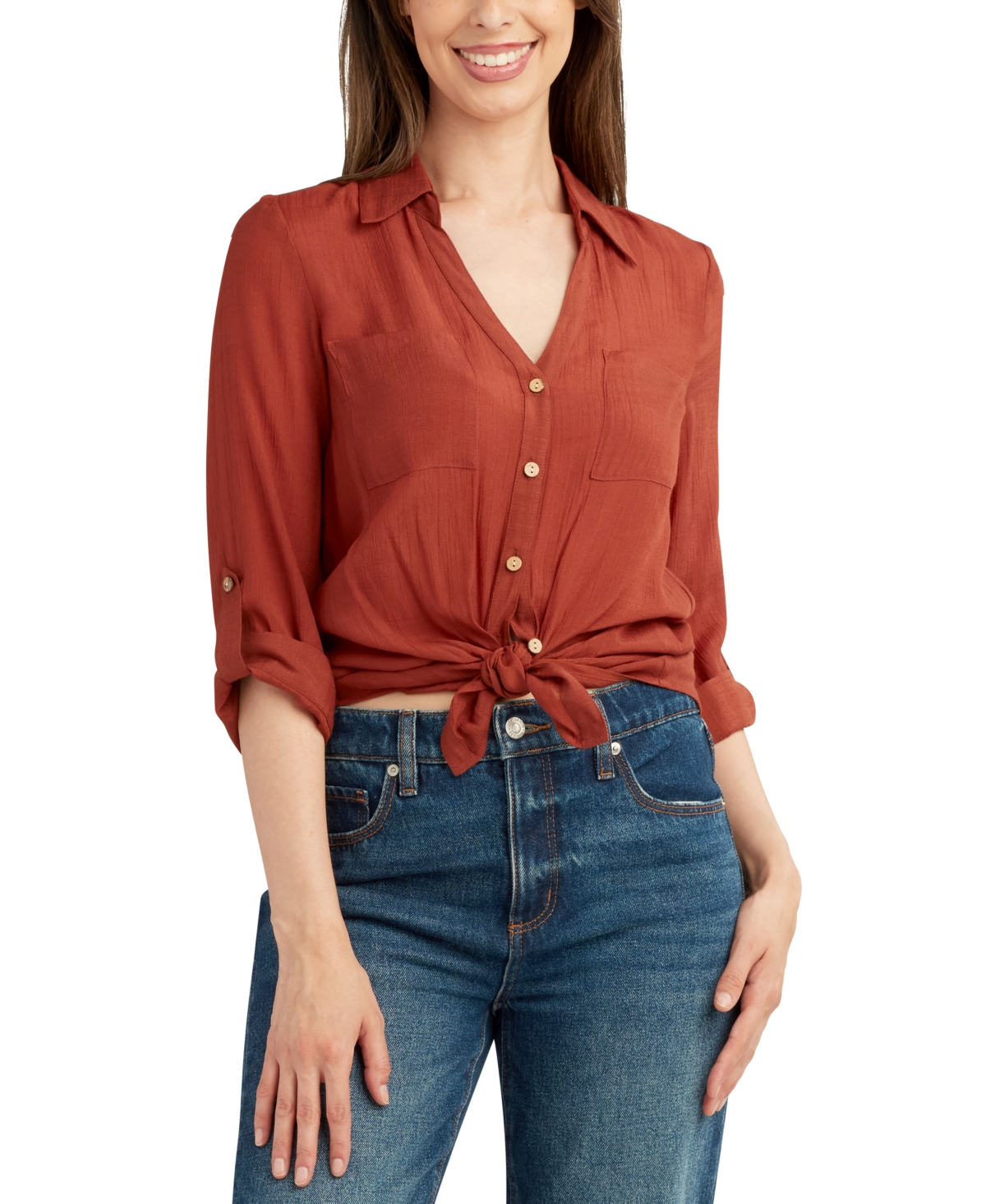 Juniors' Tie-Hem Gauzy Shirt - Olive
