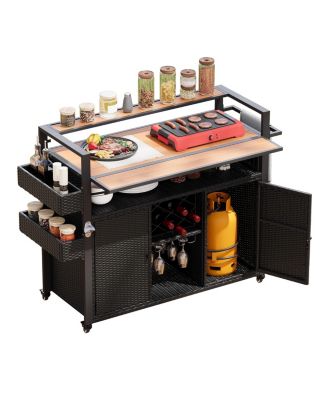 Wicker Grill Cart with Table Top & Storage - Outdoor Kitchen