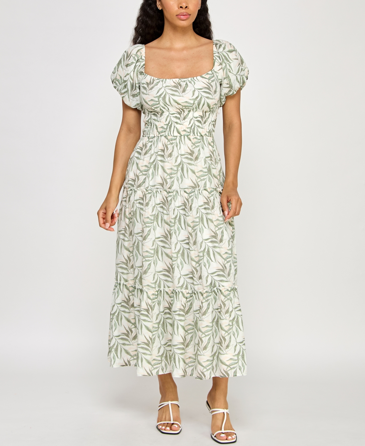 Juniors' Printed Bubble-Sleeve Midi Dress - Palm
