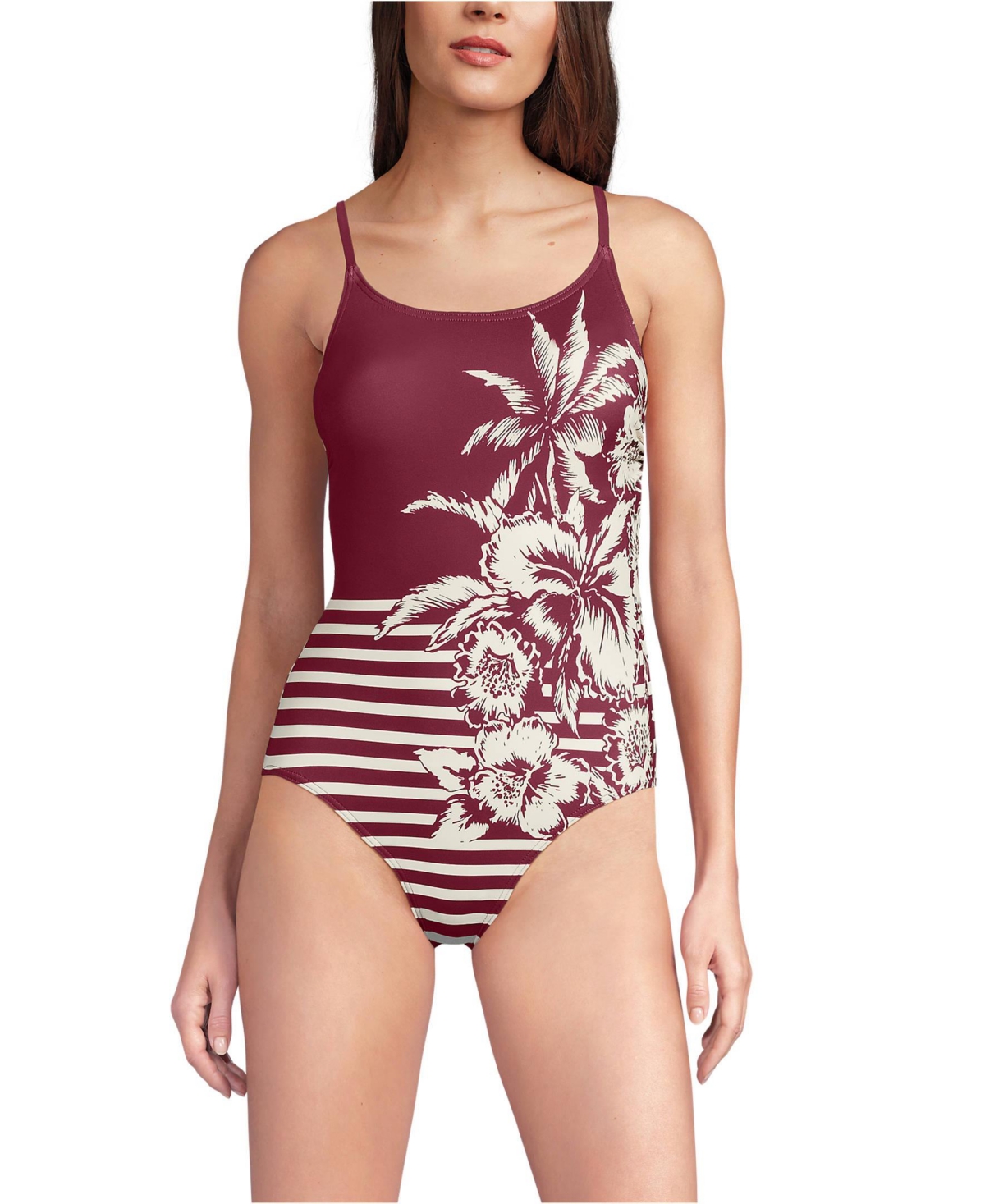 Women's Tugless Thin Strap One Piece Swimsuit - Burgundy tropic scenic stripe
