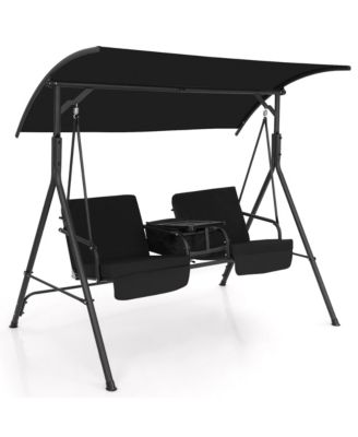 2-Person Canopy Porch Swing Padded Chair Cooler Bag Rotatable Tray