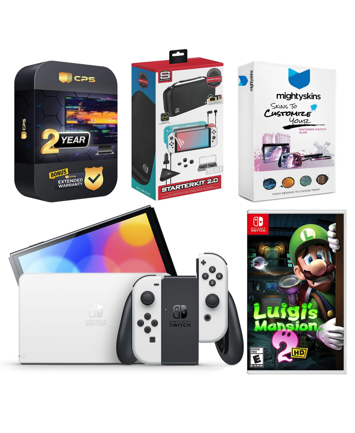 Nintendo Switch White Oled Console with Luigi s Mansion 2 Hd, Surge Accessory Gaming Kit, MightySkins Console and Controller Skin Voucher, and 2 Year