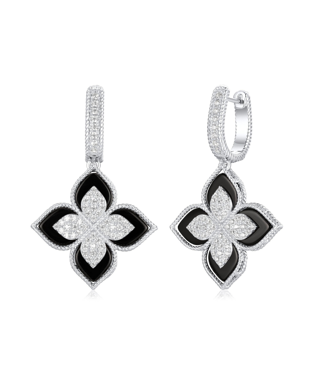 Suzy Levian Sterling Silver Cubic Zirconia Flower Clover Hanging Earrings - Mother of pearl