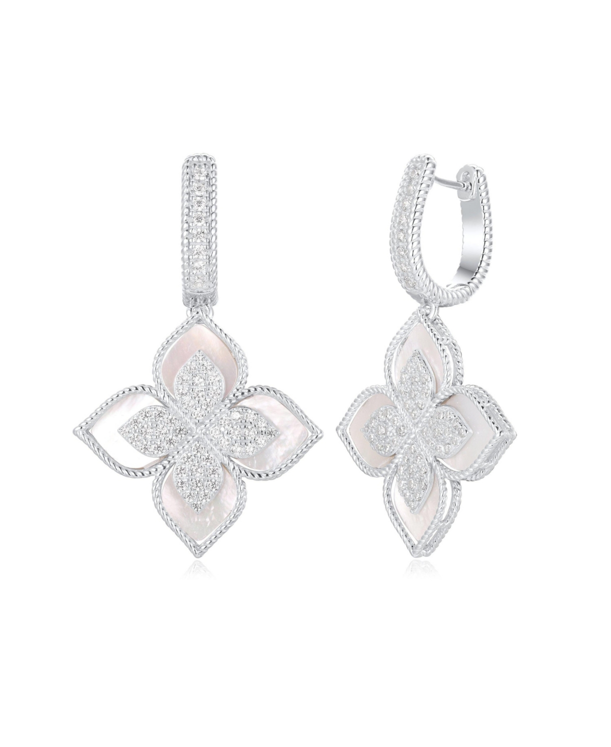 Suzy Levian Sterling Silver Cubic Zirconia Flower Clover Hanging Earrings - Mother of pearl