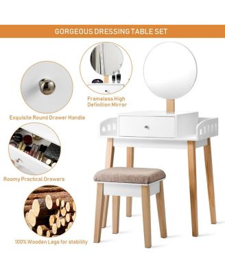 2-Pc. Wood Mirror Vanity Dressing Table Set with Drawer