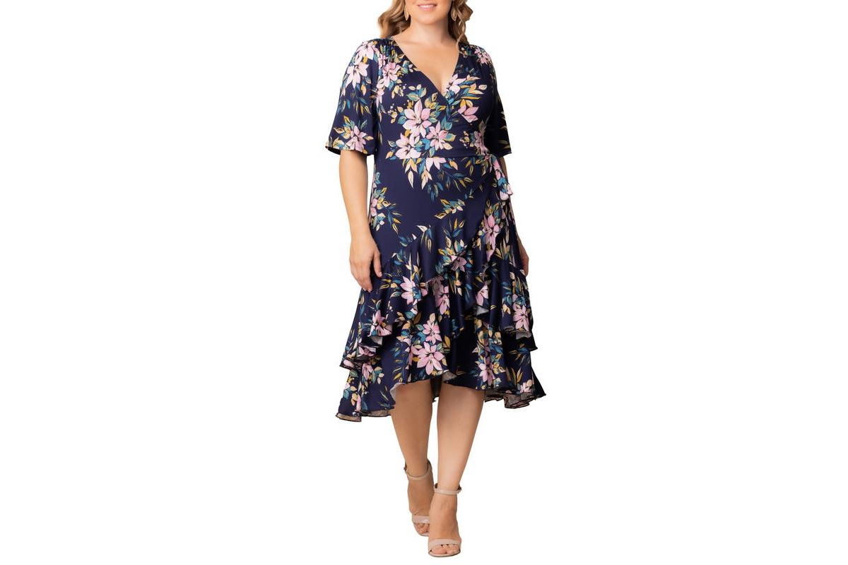 Plus Size Miranda Ruffle Wrap Dress - Navy romantic florals