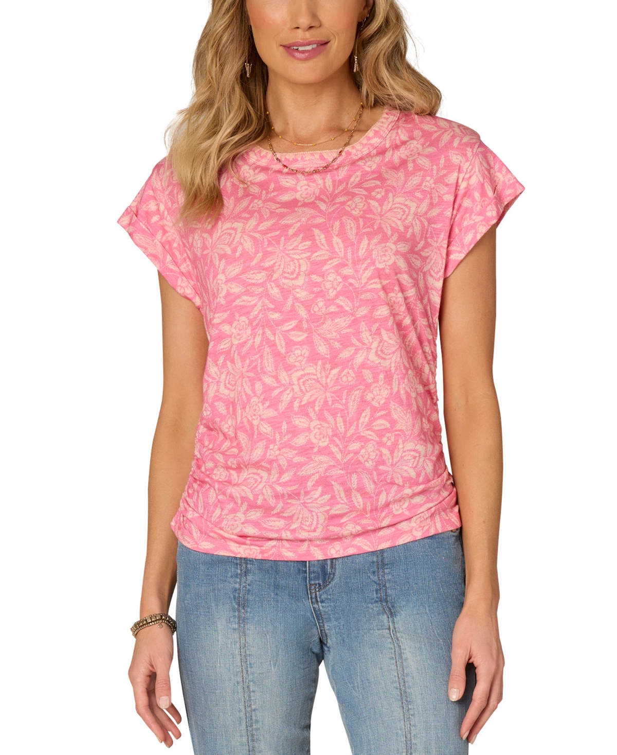 Petite Printed Side-Shirred Rolled-Cuff Top - Marine Green