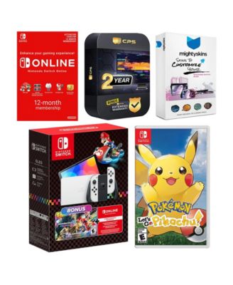 Switch OLED Console Mario Kart 8 Bundle with Pokemon Let's Go, Pikachu!, NSO 12 Month Family Membership, MightySkins Console and Controller S