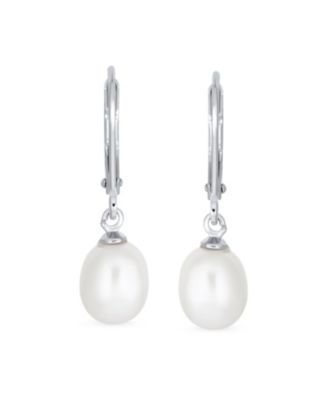 Simple CZ Accent Pear Shape Freshwater Cultured Pearl Teardrop Dangle Earrings Sterling Lever back
