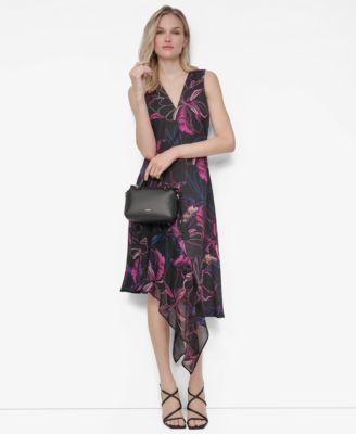 DKNY - Women's V-Neck Sleeveless Asymmetrical Midi Dress