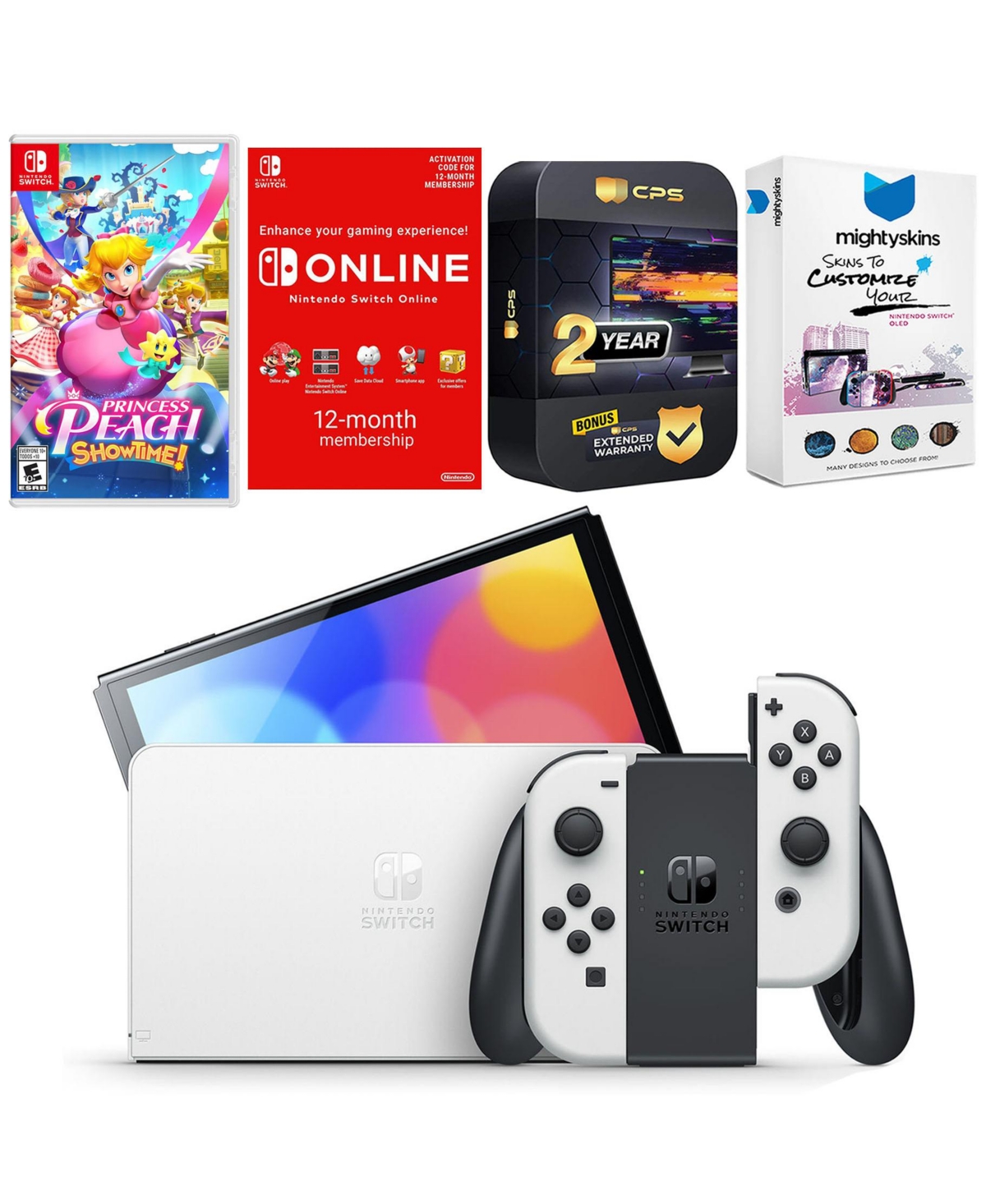 Nintendo Switch White Oled Console with Princess Peach: Showtime!, Nso 12 Month Family Membership, MightySkins Console and Controller Skin Voucher, an