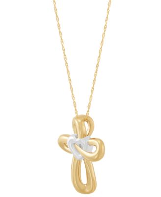 Two-Tone Polished Heart & Cross Curvy 18" Pendant Necklace in 14k Gold