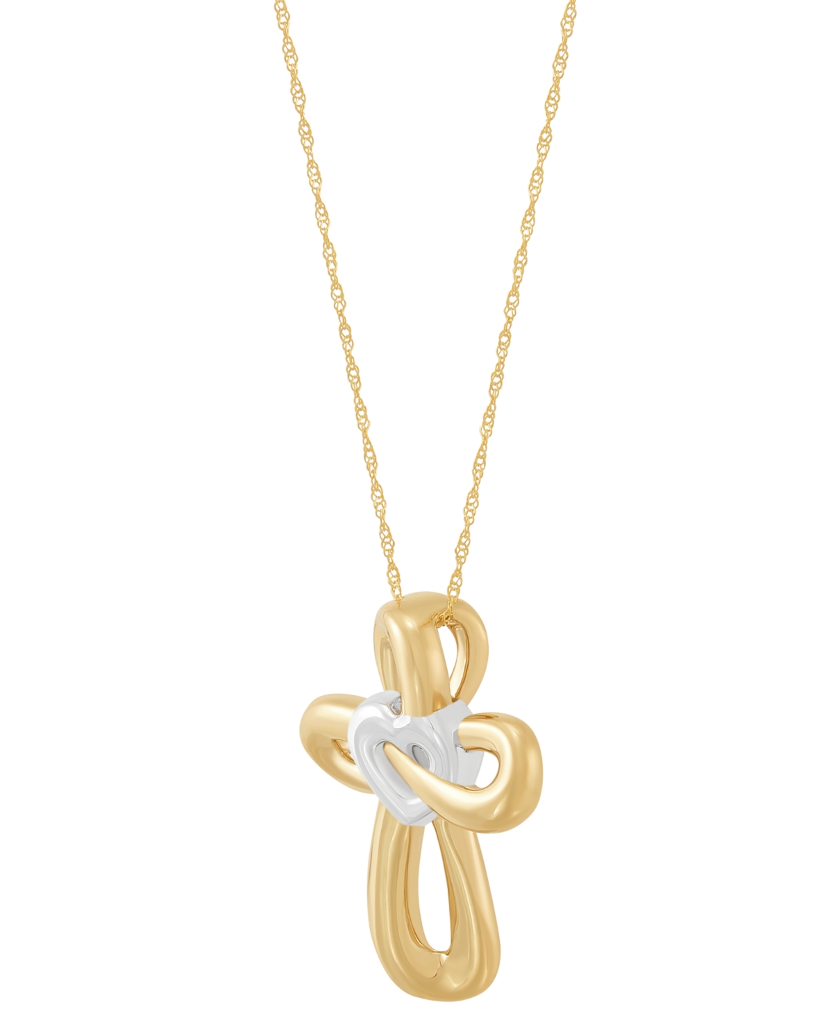 Macy's Two-tone Polished Heart & Cross Curvy 18" Pendant Necklace In 14k Gold In Gold