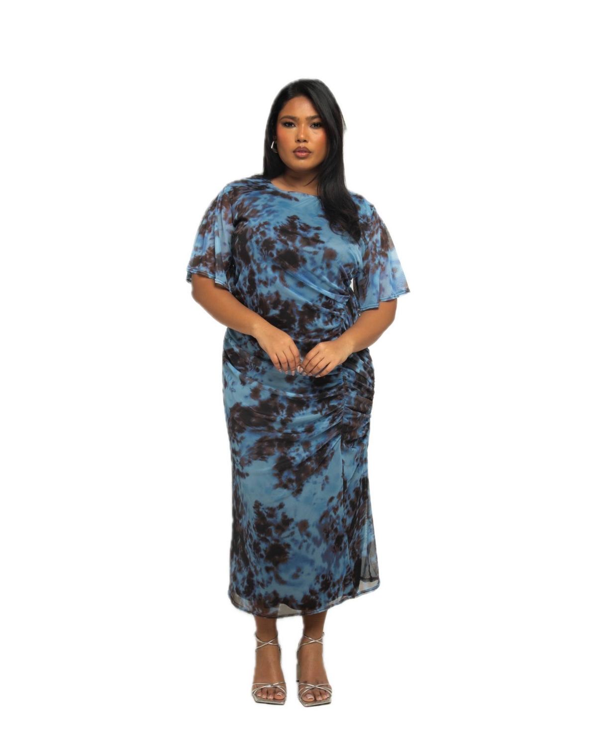 Plus Size Short Sleeve Abstract Mesh Midi Dress - Blue