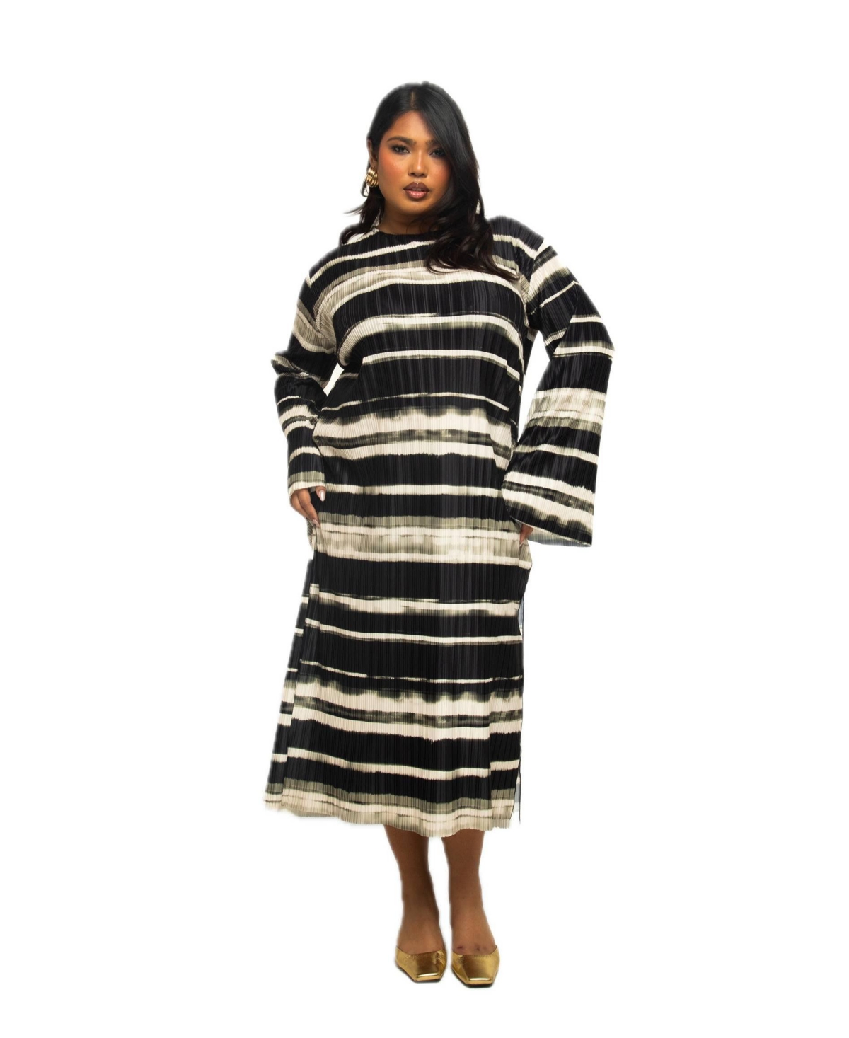 Plus Size Long Sleeve Striped Plisse Midi Dress - Khaki