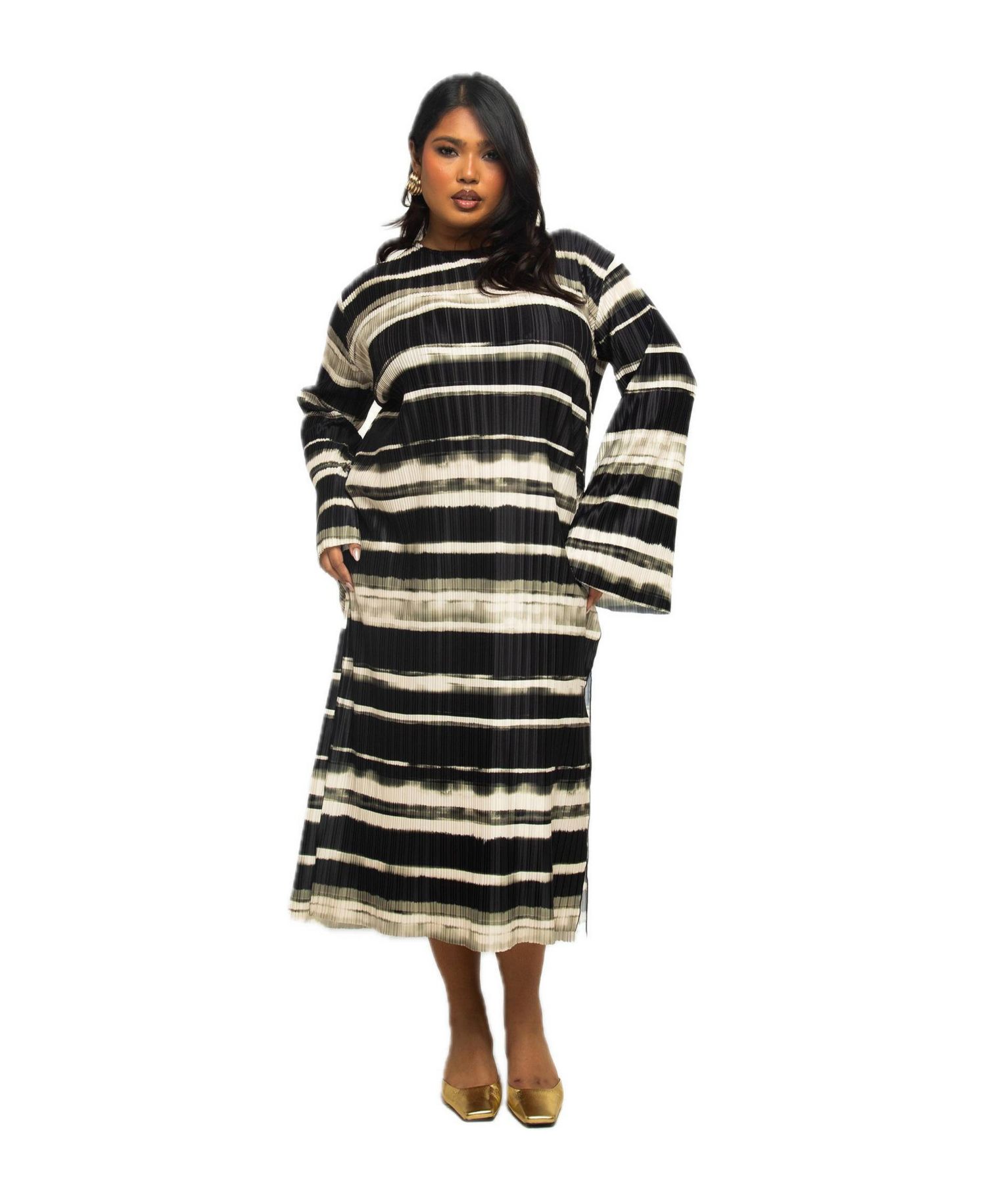 Women's Long Sleeved Striped Plisse Midi Dress