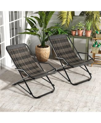 2 PCS Patio Folding Rattan Sling Chair Rocking Lounge Chaise Armrest Garden