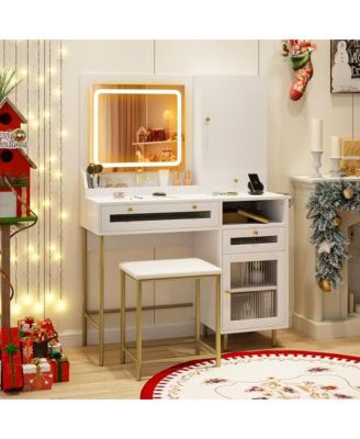 Modern Makeup Vanity Desk with Mirror and Lights and Stool Set