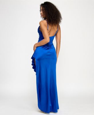 Juniors' Sateen Sweetheart-Neckline Ruffled Slit Gown
