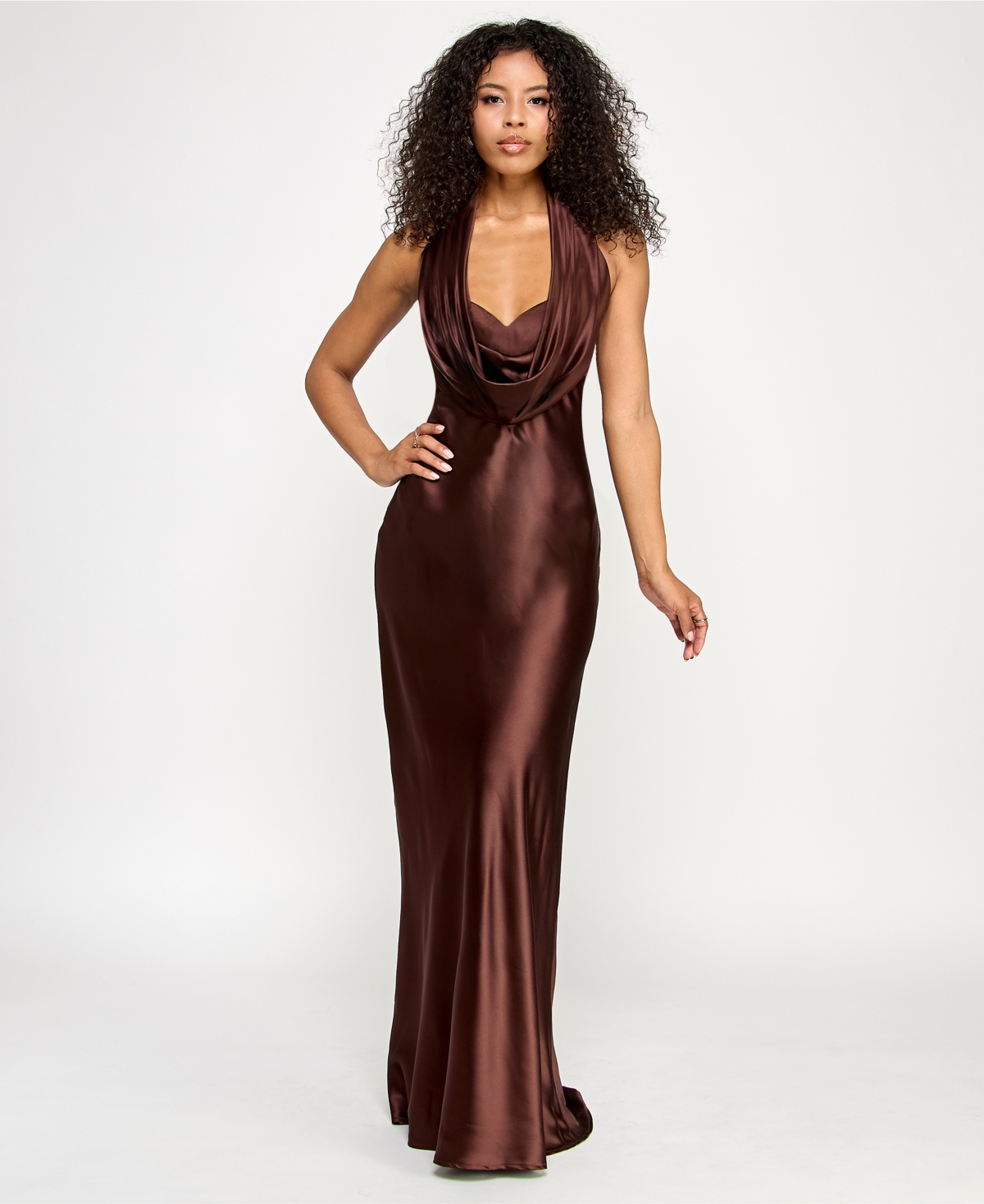 Juniors' Satin Cowl-Neck Halter Gown - Brown