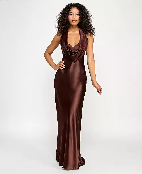 KATIA RAE Juniors' Satin Cowl-Neck Halter Gown