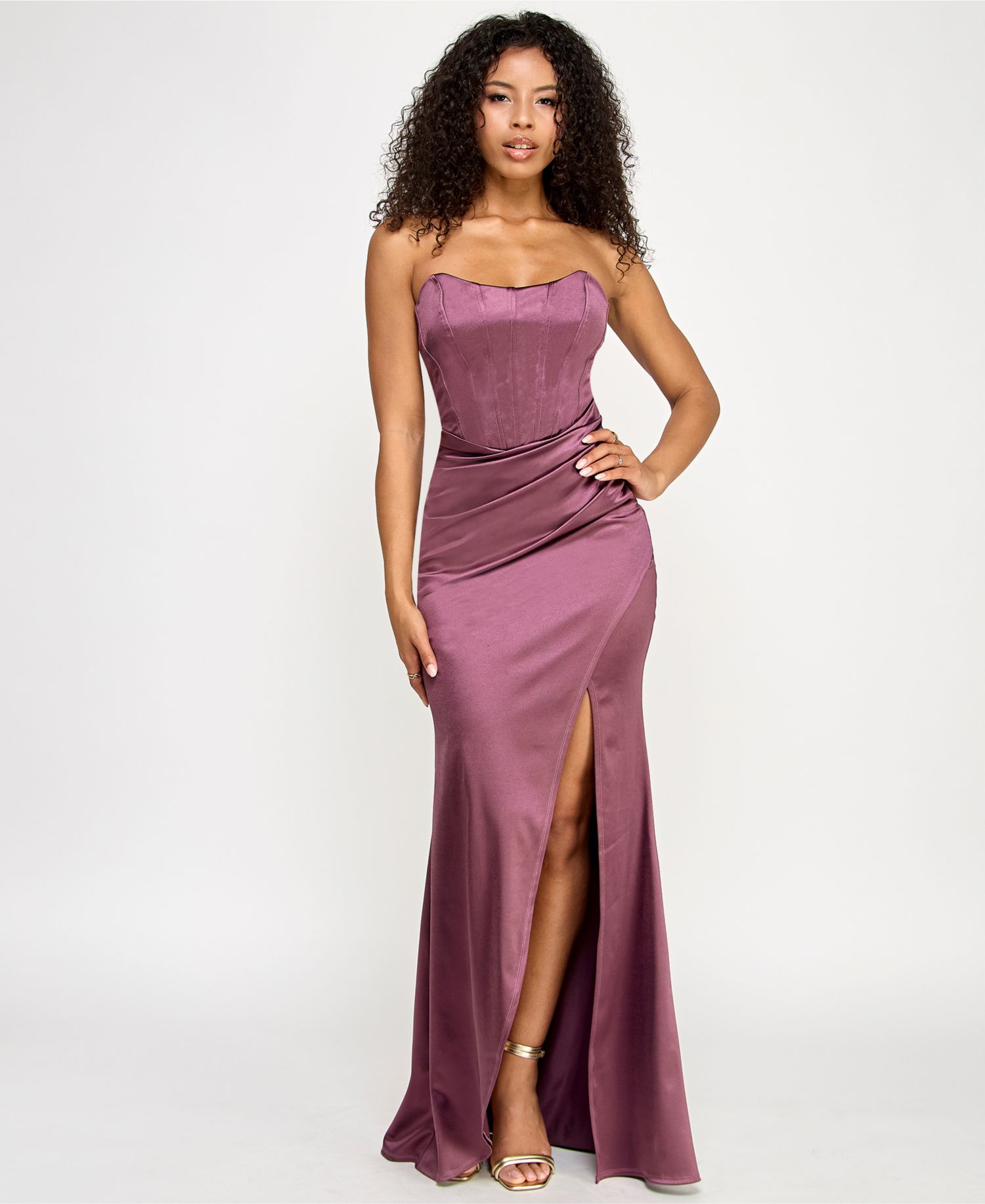 Juniors' Iris Sateen Corset-Bodice Slit Gown