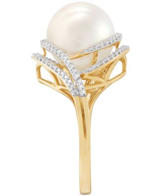 Ming Freshwater Pearl (11-12mm) & Diamond (1/3 ct. t.w.) Statement Ring in 14k Yellow Gold