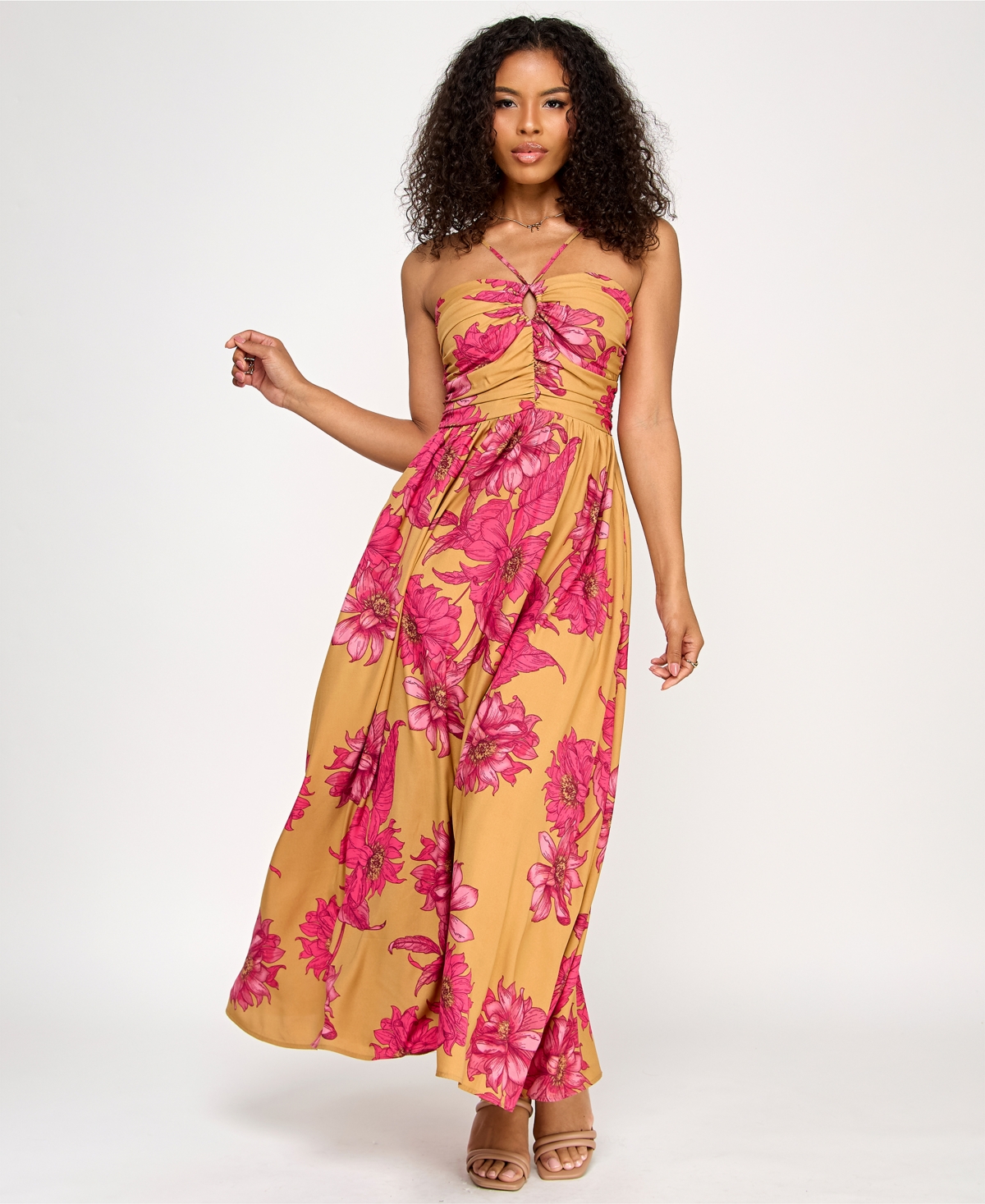 Katia Rae Juniors' Satin Printed Halter Maxi Dress