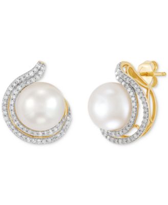 Cultured Freshwater Pearl (9 - 9-1/2mm) & Diamond (1/3 ct. t.w.) Stud Earrings in 14k Yellow Gold