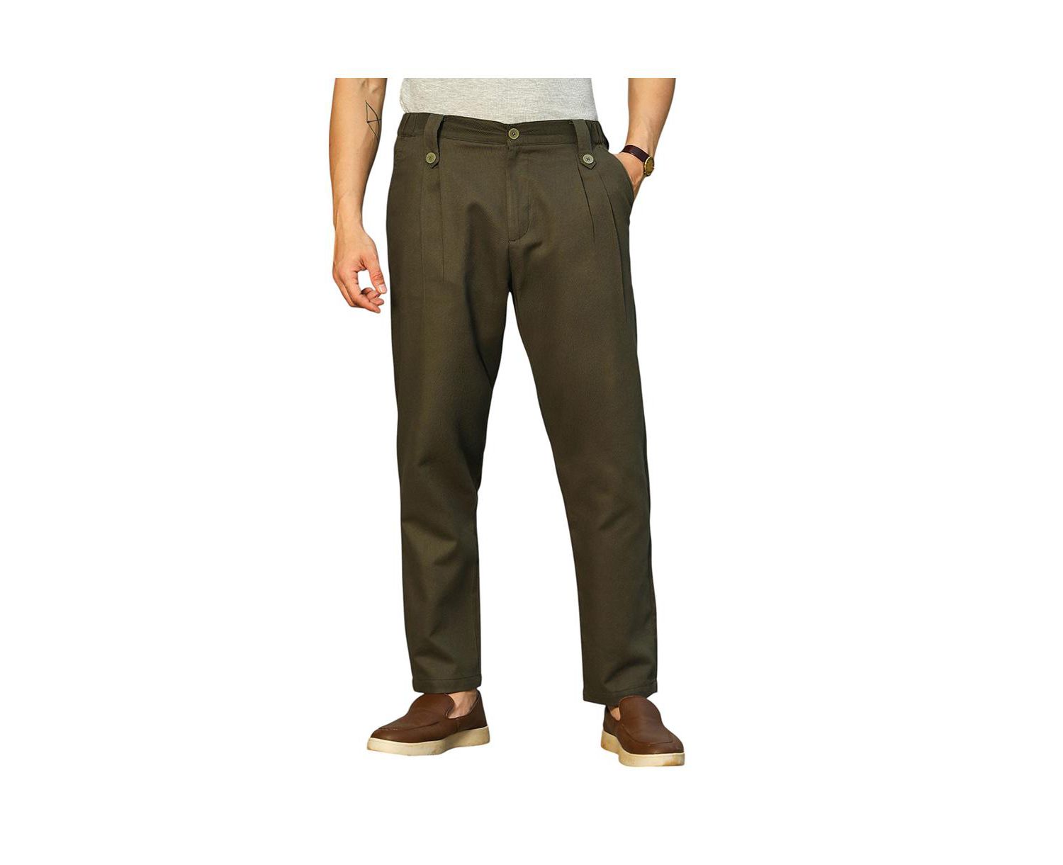 Men's Sacramento Green Ribbed-Pleated Chino Trousers