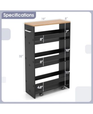 8" 4-Tier Rolling Storage Cart Slim Kitchen Cart on Wheels with Open Shelves and Handle