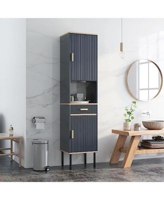 Free-Standing Bathroom Cabinet Narrow Linen with Doors and Drawer